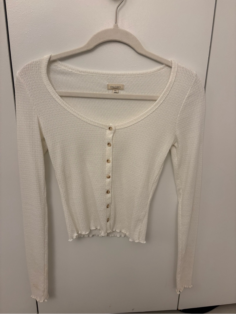 Pilcro Cream Waffle-Knit Button Front Long Sleeve Top